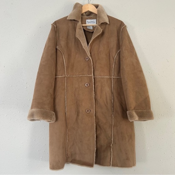 Pamela McCoy Faux Suede Faux Fur Trim Tan Brown Coat Winter Fall Retro 70s - Picture 1 of 5